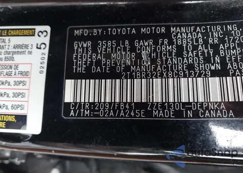 2008 Toyota Corolla Le из США, поврежденный, VIN 2T1BR32EX8C913729